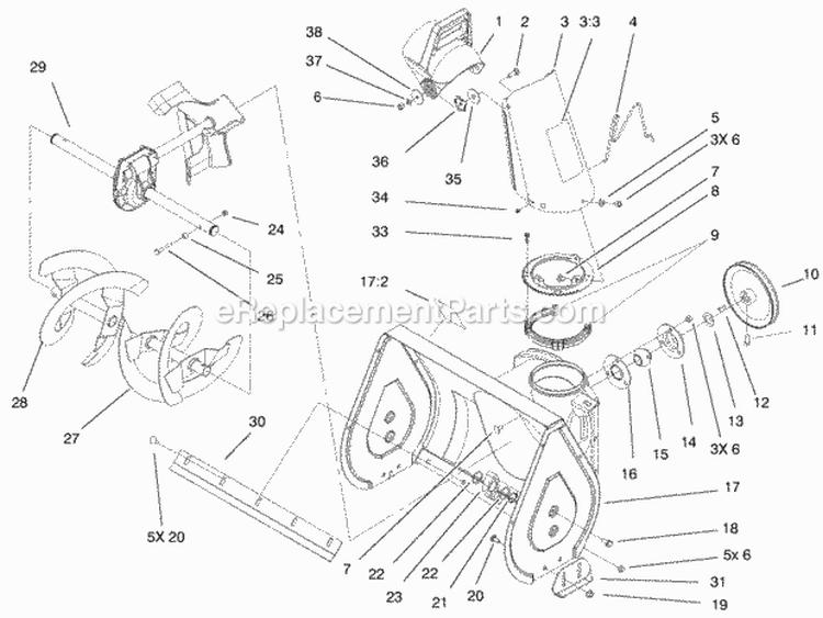 Chute Andauger Assembly Diagram and Parts List for 28230 000000001-000999999 - 2000 Lawn Boy Snow Blower